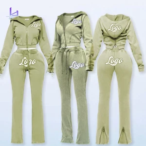 Huili French Terry Zip up Hooded Jacket Pants Custom Vintage Acid Wash Blank Two Piece Sweatpants and Crop Hoodie Set for Women