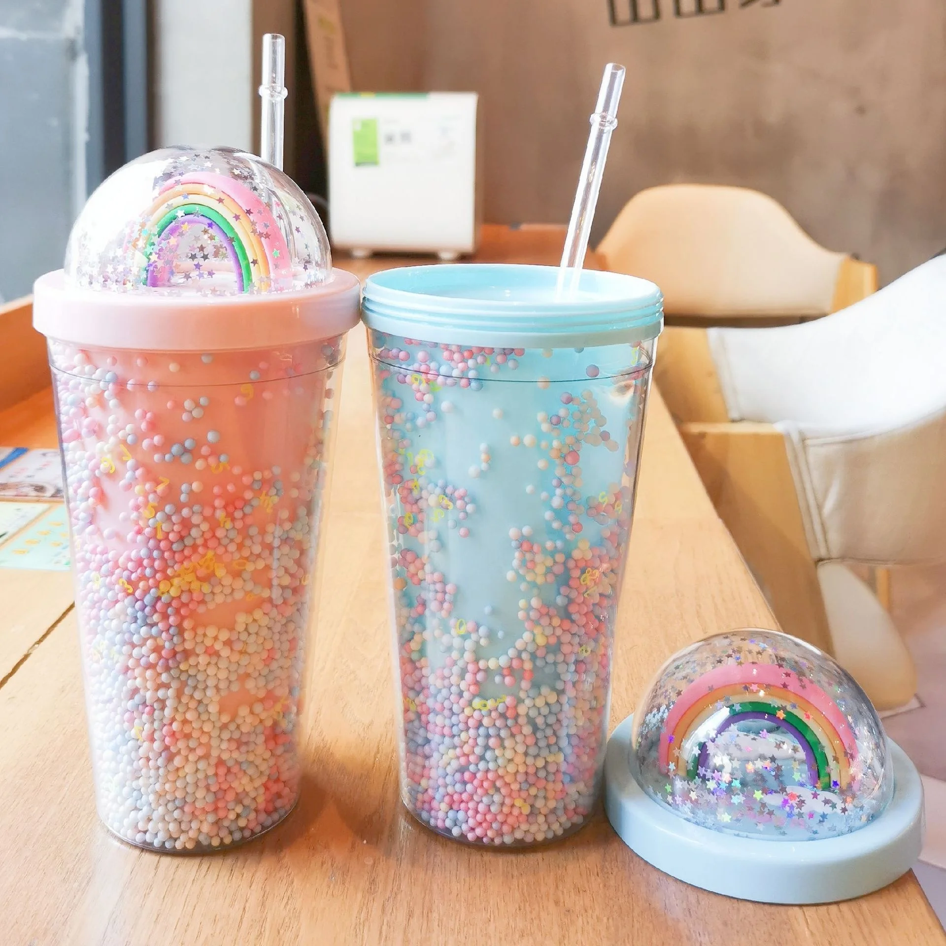 Creative Cute Colorful Beads rainbow Cups Girls Plastic Water Bottle for Adults