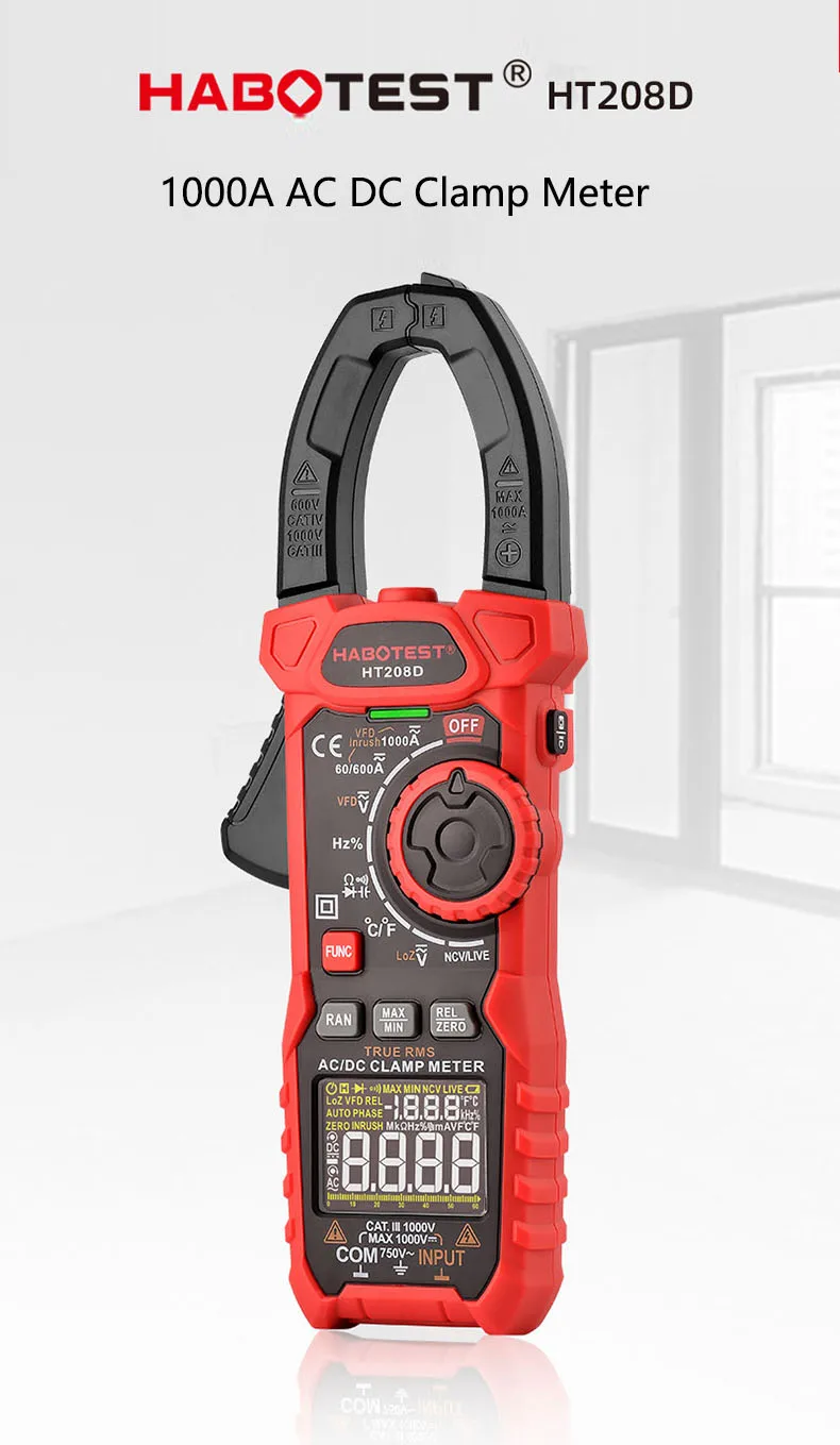 HABOTEST HT208D VFD Digit NCV Capacitance Frequency Inrush 1000A AC DC Amp Digital Clamp Meter Multimeter AC/DC CE