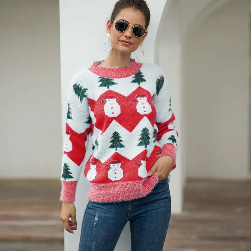 Женский Рождественский вязаный свитер с длинным рукавом и изображением снеговика