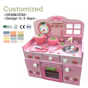 Wholesale Kids Pink Strawberry Wooden Kitchen Play Set Toy Children Wooden Kitchen Play Set Toy Wood Cooking Simulation Toy