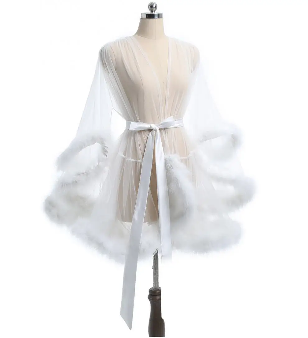 Sexy Feather Robe Seductive Mesh Perspective Sex Fur Bathrobe Passionate Waist Tightening Robe Dressing Gown
