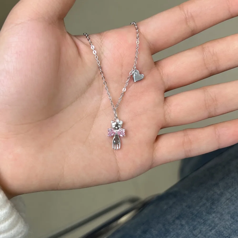 KAKODIY Small Cute Design Fashion Fine Jewelry 925 Sterling Silver Chain 5A Cubic Zirconia Bow Cat Pendant Necklace (For Women) detail 1