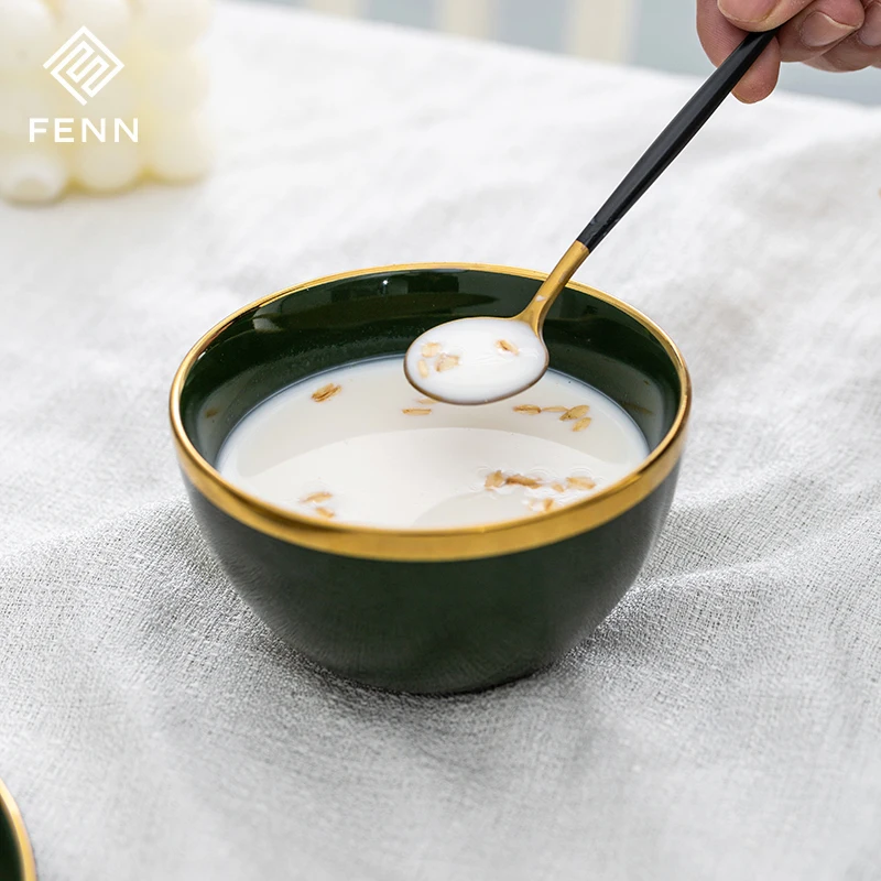 FENN High End Restaurant Electroplated Color Glaze Ceramic Dessert Cereal Bowl 4.5/5.5 Inch Gold Rim Porcelain Soup Bowls