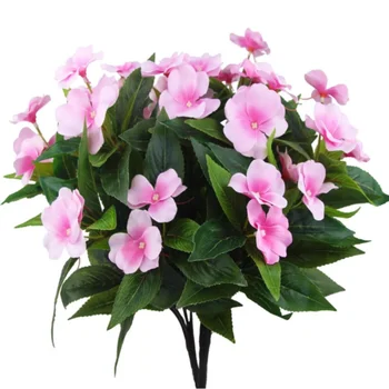 Artificial Impatiens Flowers Bushes Pink Silk Flowers Greenery Bouquet for Patio Lawn Garden Pot Hanging Basket Porch Decoration