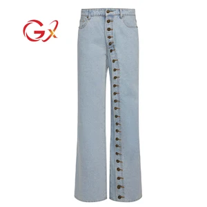 GX15226 Women's Fashion Street Wear Unique Button Design Straight Washable Jeans Retro Casual Cargo Denim Pant