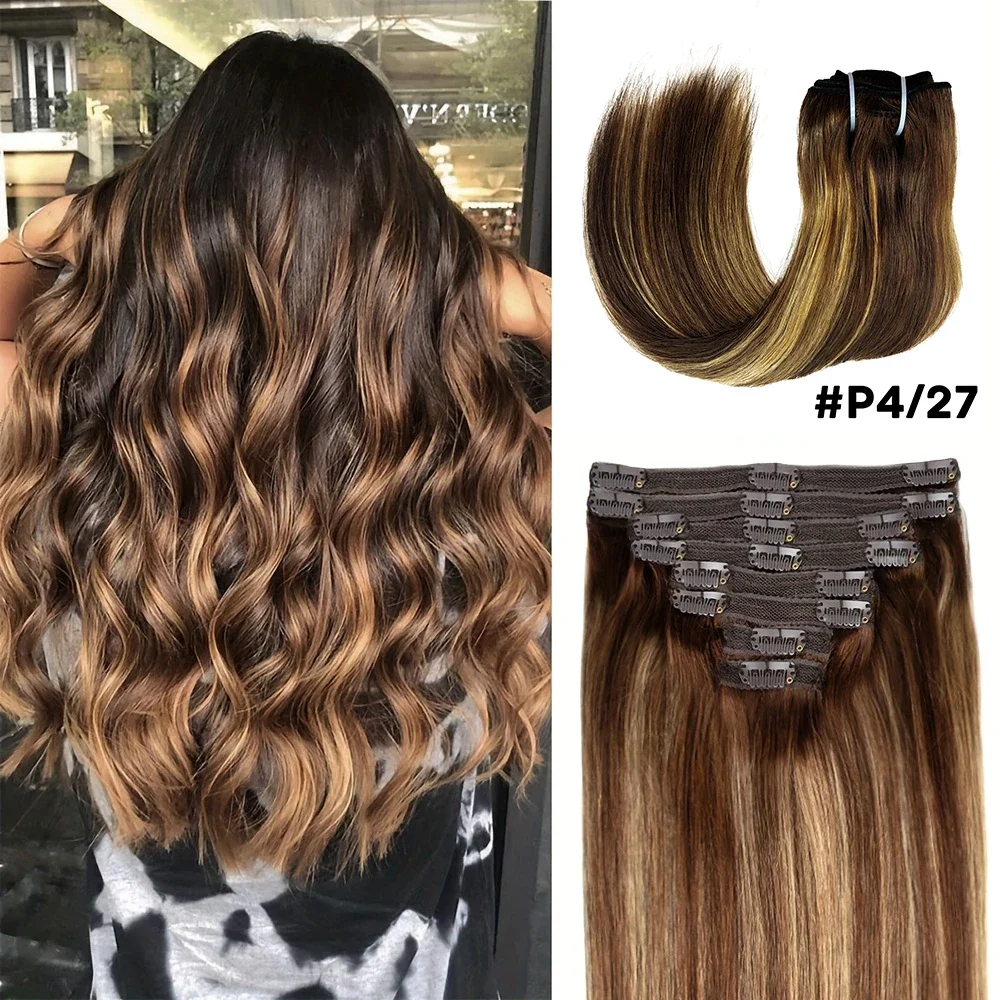 Straight Clip in Hair Extensions 100% Real Human Hair Brown Highlights Blonde Clip In Remy Human Hair Extension For Women_voghion.com