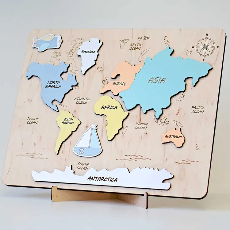 Wooden World Map Puzzle Colour Printing Montessori Puzzle Map for Child
