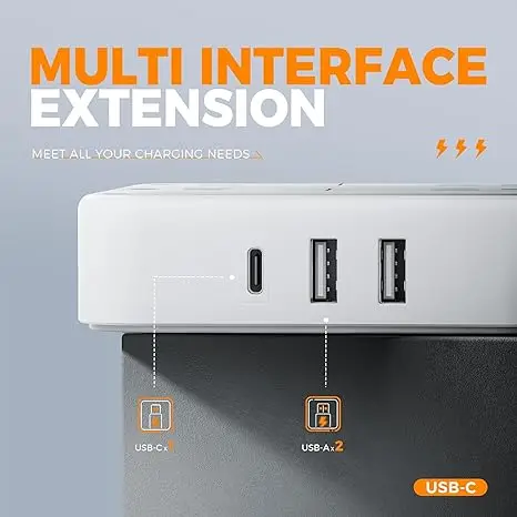 US Type Flat Plug Surge Protector Power Strip 5 ft Ultra Thin Extension Cord with 3 USB Wall Charger 1 USB C Port