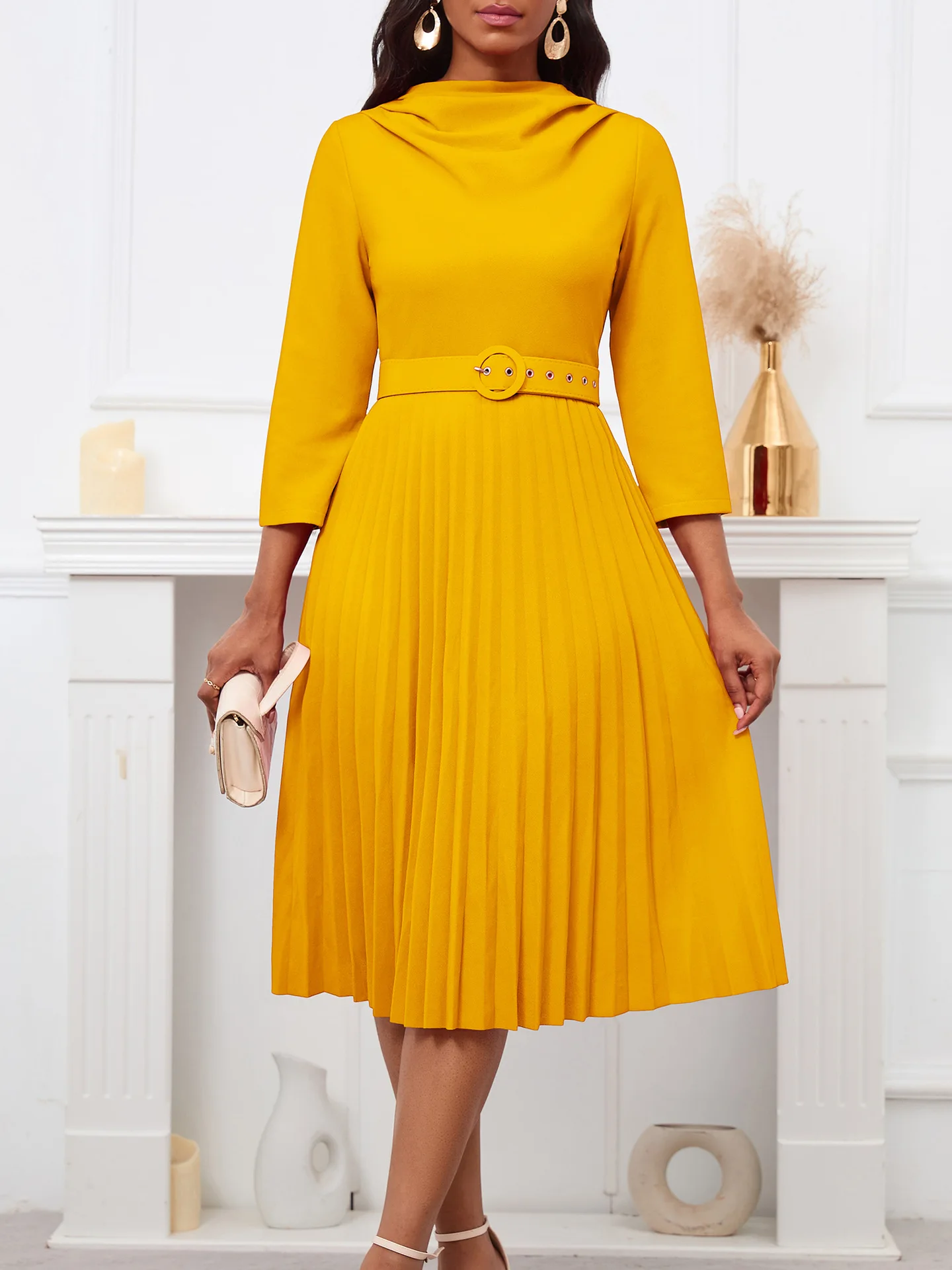 Latest Design Techno Crepe Elegant Plus Size Solid Color Long Sleeve Women Casual Pleated Dresses With Belt