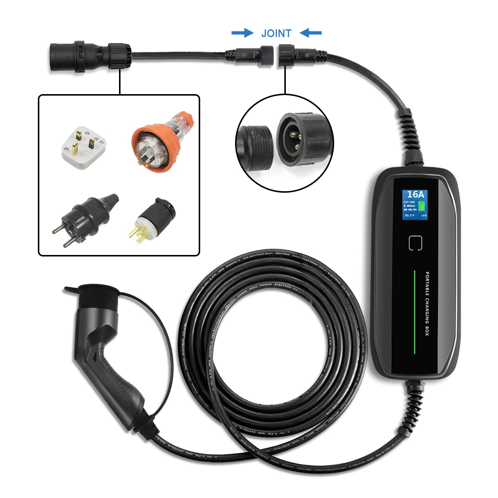 Portable EV Charger Type 1 Type 2 Electric Vehicle Portable Charging Cable  16A Current Adjustable LCD Screen Level 2 EVSE Cable