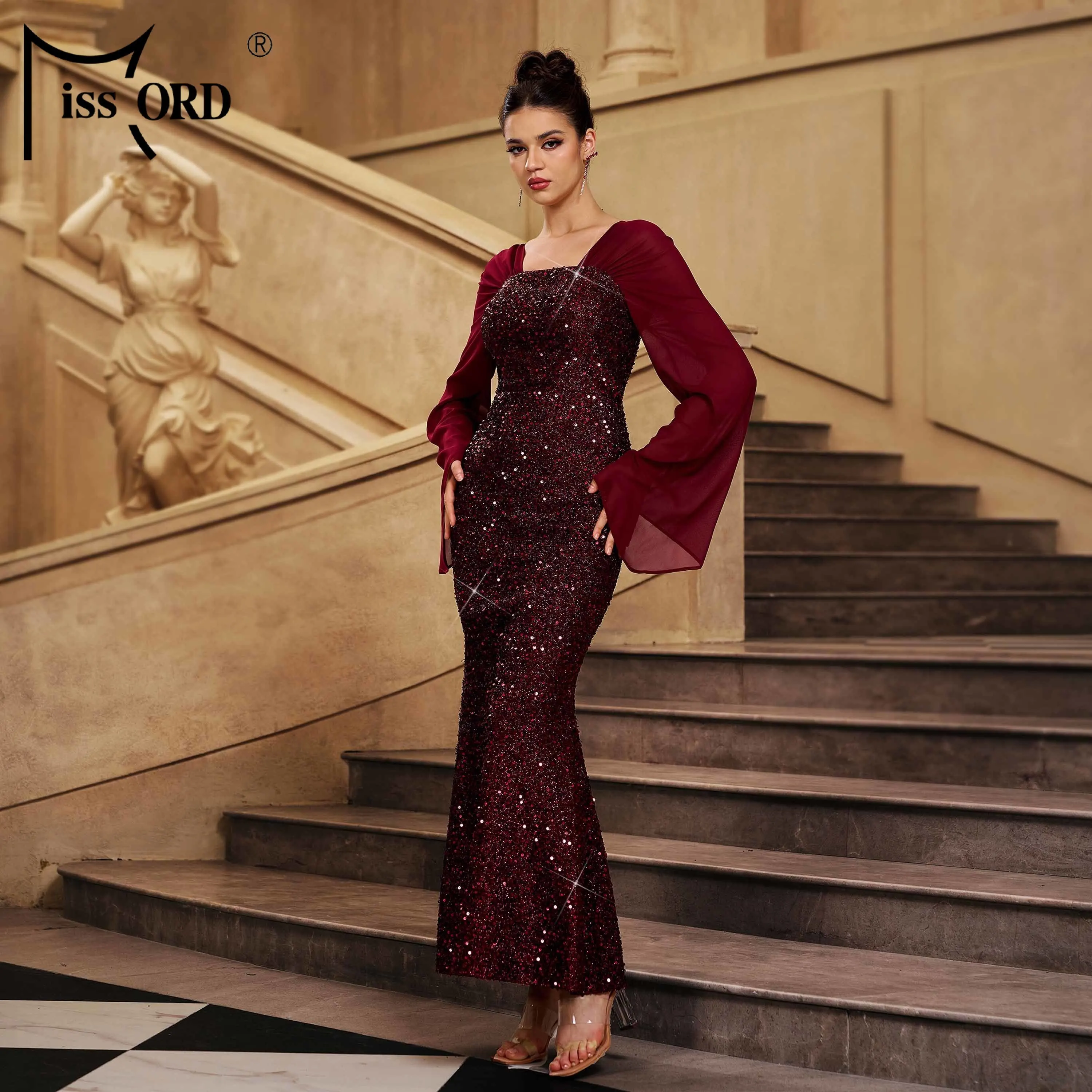 red elegant dress for women JO Formal shoulder evening gown is VID10905 Size:MEDIUM - US WOMEN 10 - UK 8 - EU 42 Sheer Overlay Boho Dress