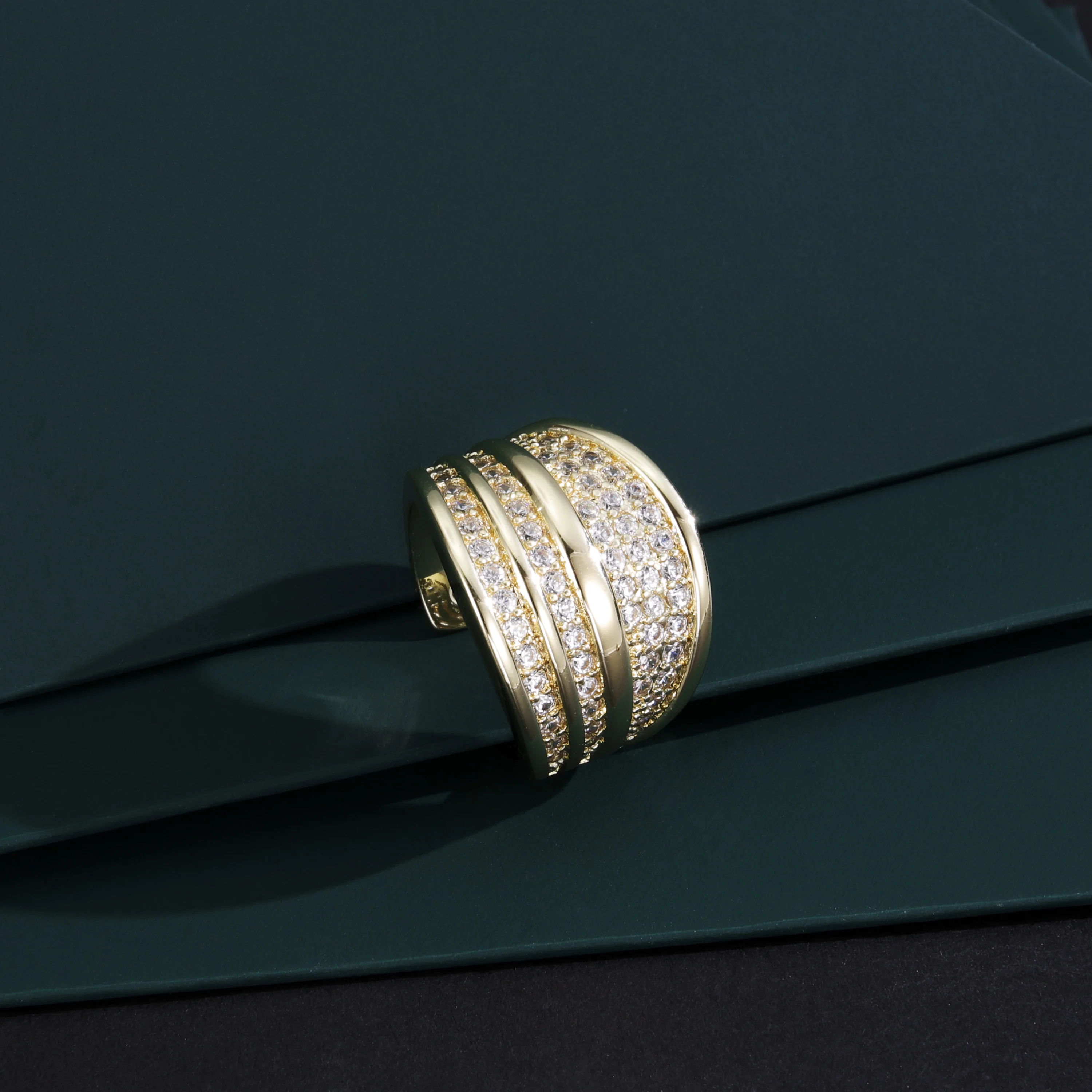14K Gold Plated Multi-Layer Stacked Ring Paved Cubic Zircon Wide Band ...