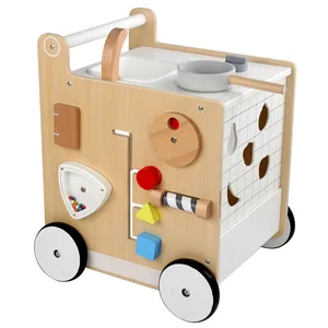 Wooden Kids Kitchen Walker Toy Multifunctional Anti Rollover Push Cart with Puzzle Play for Toddlers Pretend Cooking Fun
