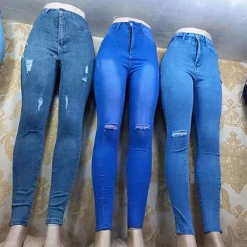 Factory Wholesale Plus Size Adult Clothing Ladies Skinny Jeans Mid Waist Slim Denim Jeans  Casual Solid Pattern Pencil Pants