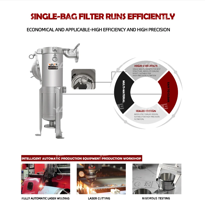 Stainless Steel 304/316 Bag Filter Housing with 0.1 Micron Precision 500L/Hour Flow Rate and 0.6Mpa Working Pressure