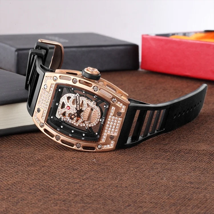 Leather Strap Gold Skull Watch Skone 5146 Mens Diamond Silicone