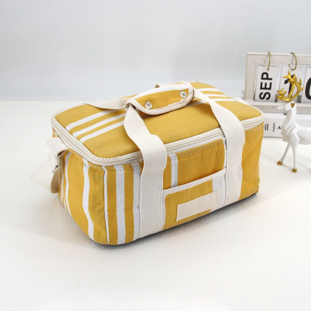 Bærbar, miljøvennlig, gjenbrukbar, voksen linned, isolert lunsjtaske med glidelås og justerbart skulderbånd for kvinner, kjøletaske, strandtaske