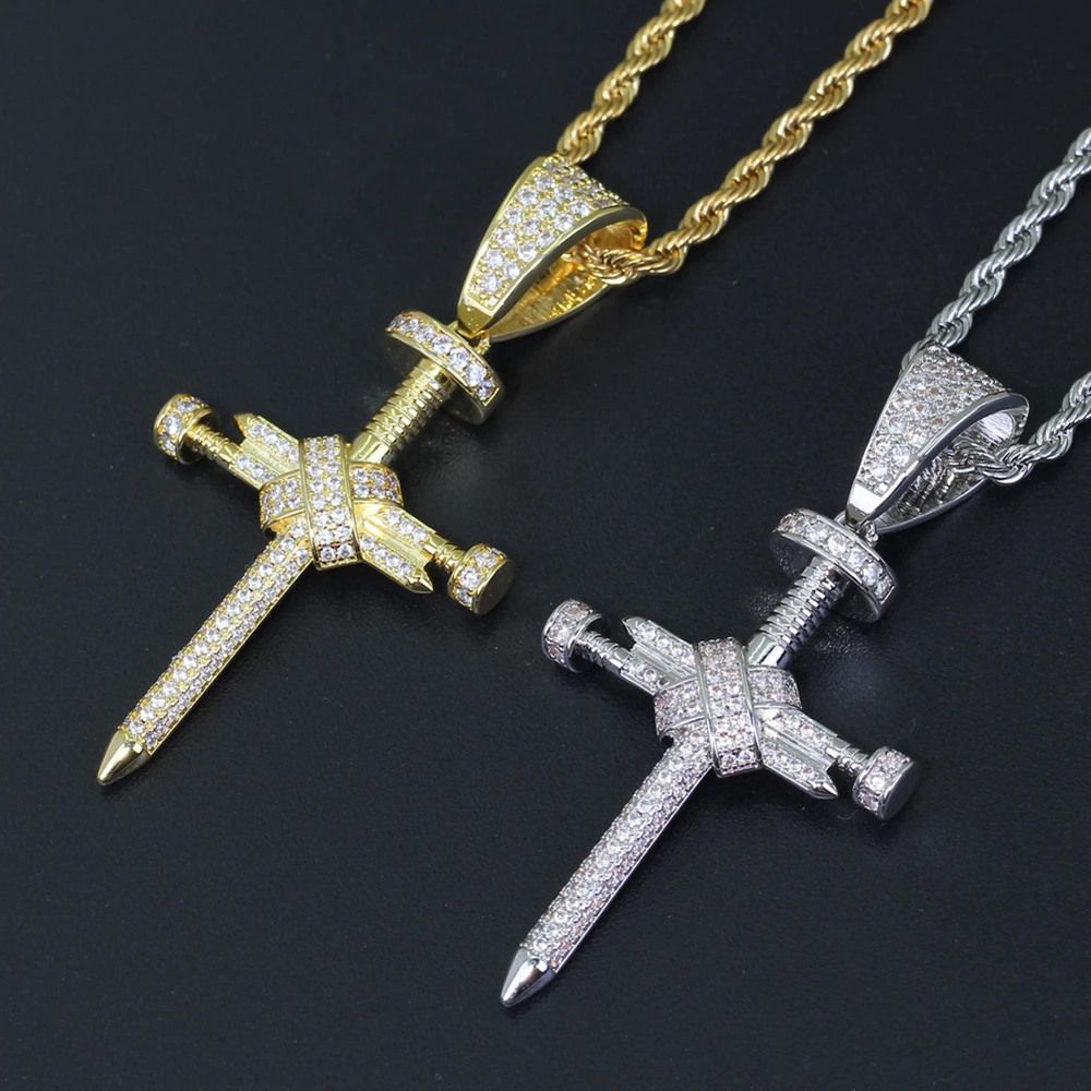 Iced Out Nail Shaped Cross Pendants 
