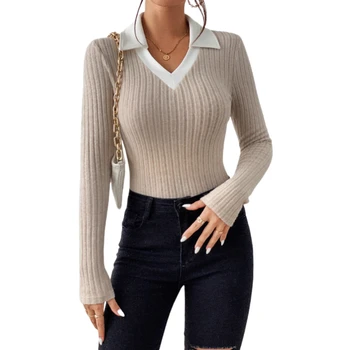 Fall/Winter new style classy Splicing V-neck top