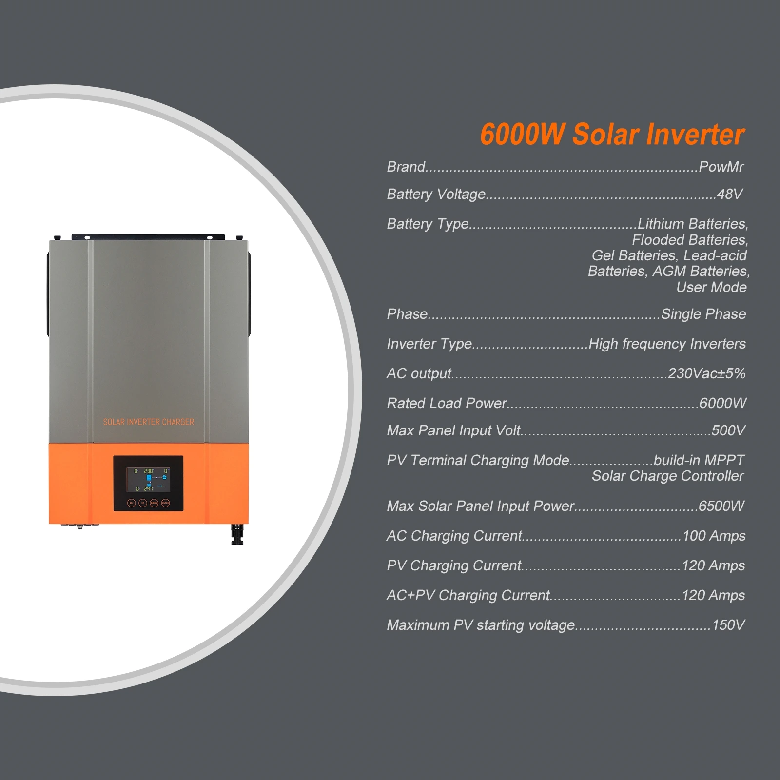 6200w 48v Solar Inverter Pv 150v 120a Mppt Hybrid Inverter Pure Sine ...