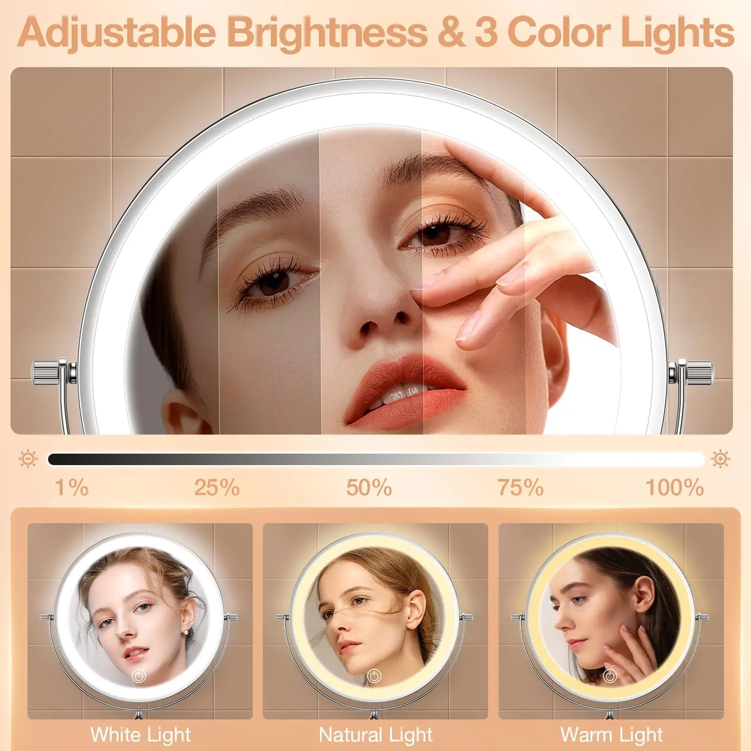 Hotel Project Design Height Adjustable Battery Powered Wall Mount Magnifying X10 LED Vanity Mirror