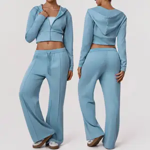 Custom Logo Elastic Yoga Wear Crop Top Jacket Hoodie With Tight Wide Leg Flared Pants Women Workout Fitness Sets