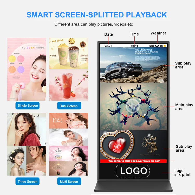 Portable 85-Inch Android Kiosk with Touch Screen Digital Advertisement Poster on Floor Stand Mobile LCD Display Device