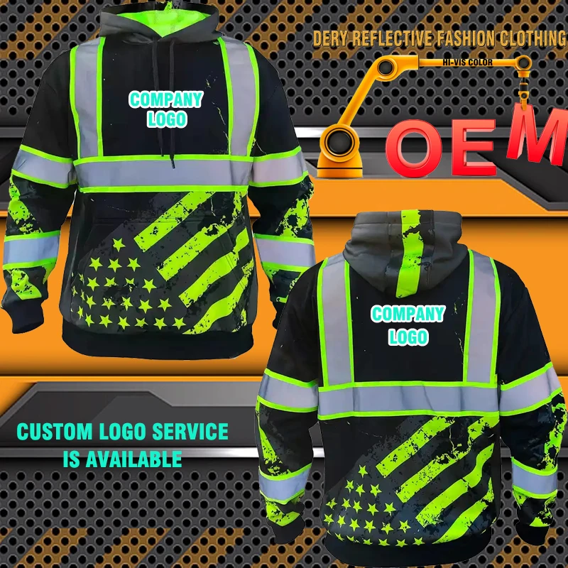 High Visibility American Fluorescent Flag Pink Safety Hoodie ANSI Class 3 Reflective Workwear Sweatshirt Construction Jacket