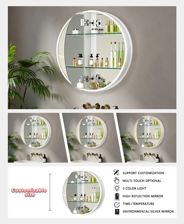 product round 3 color lights medicine cabinet anti fog led medicine cabinet defogger cabinet mirror with lights for bathroom-4