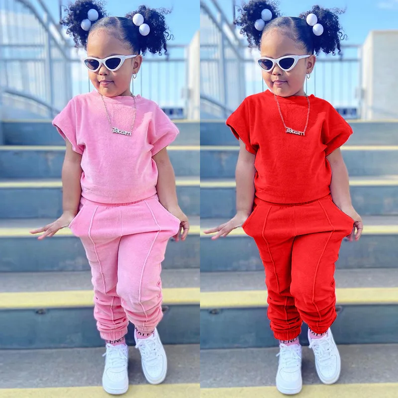 Summer Kids Girls Sports Clothing 2 Pieces Sets Cotton Solid Casual  T-shirt+elastic Waist Pants Children Outfits 1-6y - Buy Girls Sports  Clothing 2 Pieces Sets,Kids Solid Casual T-shirt+elastic Waist Pants,Summer Children  Outfits