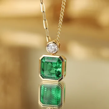 Emerald Green 18K Gold Necklace with Asscher Cut Diamond Pendant