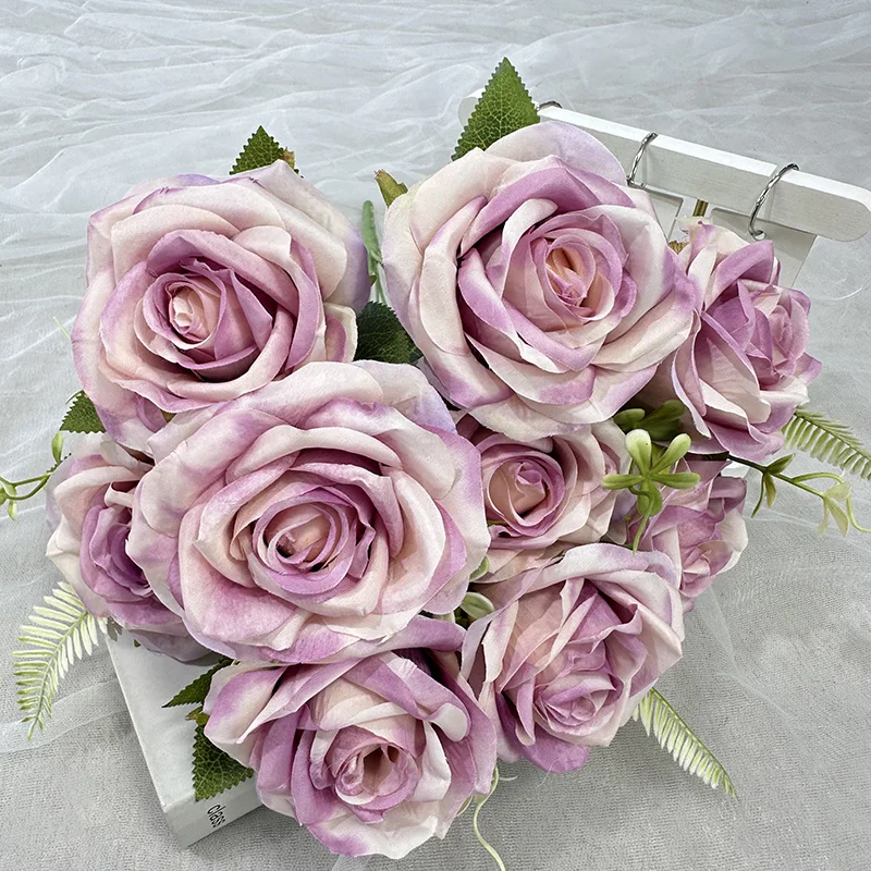 product qyy high quality new artificial flower meijiang bunch 9 large curled rose green silk cloth artificial flower-59