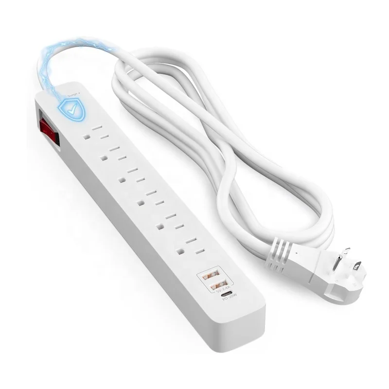 Regleta de alimentación con 6 tomas de corriente, 2 puertos USB A y 1 tipo C PD de 20 W, protector contra sobretensiones ETL con cable de extensión de 4 m