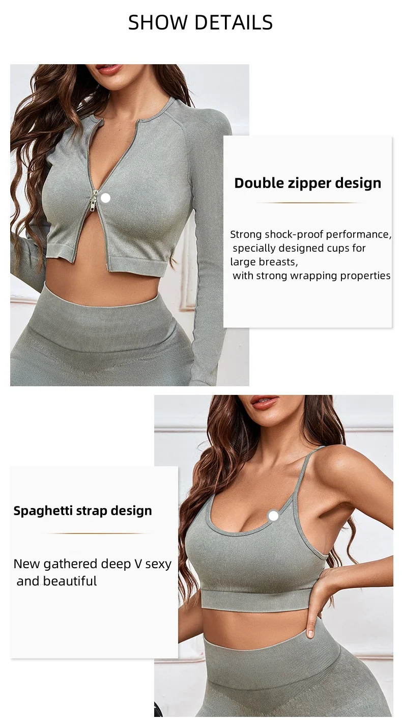 Women's Double Zipper Long-Sleeved Yoga Suit Adjustable Cross-Over Bra High-Waist Hip-Raising Trousers Three-Piece sports Set details