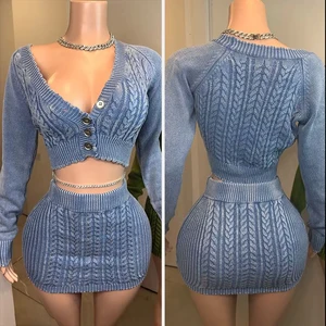 Huili Custom High Quality Knit 2 Piece Dress Set Crochet Crop Top Sweater and Mini Skirt Fall Winter Wool Y2k Knitted Sets Women