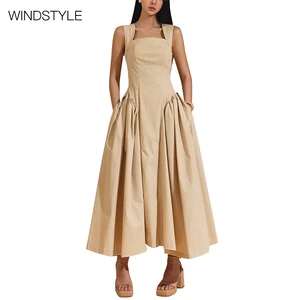 Antique Suspender Dress XS Size Solid Color Sleeveless Fashion Stitching Ruffled Knee-Length Breathable Summer Casual for Day