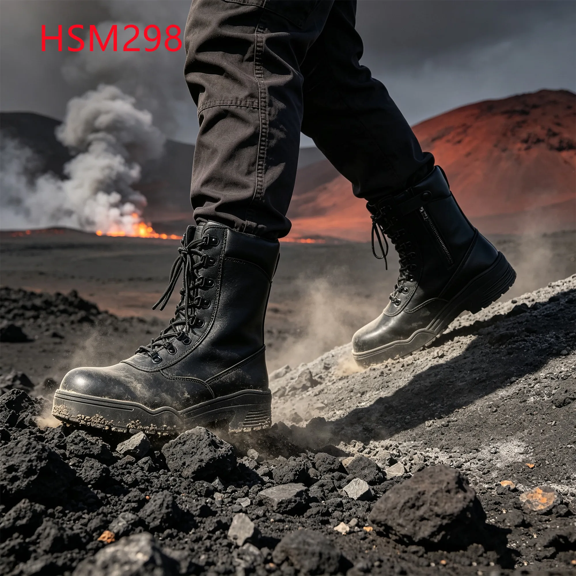 LXG,Disaster Drill Hua Singh Combat Boots with Zip&Snap Button Tab Stitching Rubber Sole 8'' Full Leather Patrol Boots HSM298
