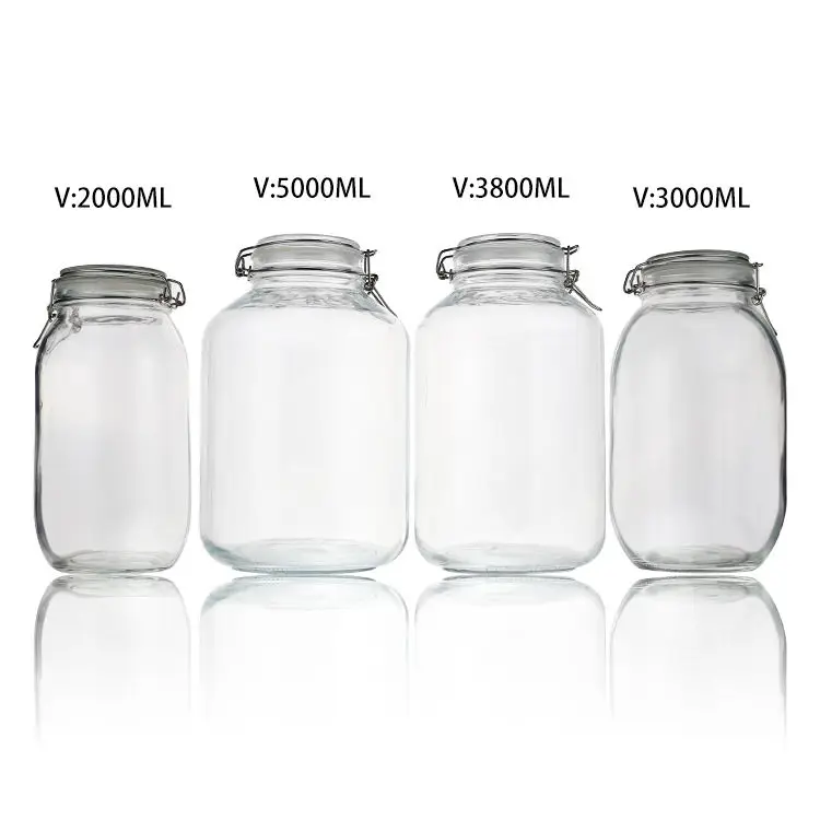 Factory Custom150ml 200ml 750ml 1000ml 1500ml 2000ml 3000ml 3800ml 5000ml Round Glass Seal Jars With Metal Locking Lid