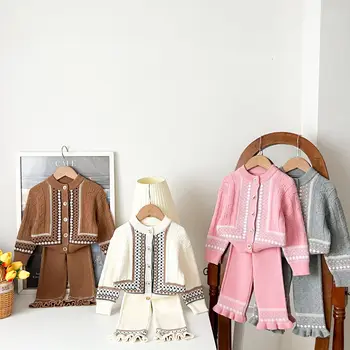 Children's Sweater Set for Autumn and Winter New Vintage Jacquard Knitted Cardigan Baby Girls Korean-style Stylish Long Pants