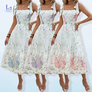 Huili Manufacturer Custom High Quality Tie Straps Boho Square Neck Lace Floral Cutouts Embroidered Designer Romantic Midi Dress