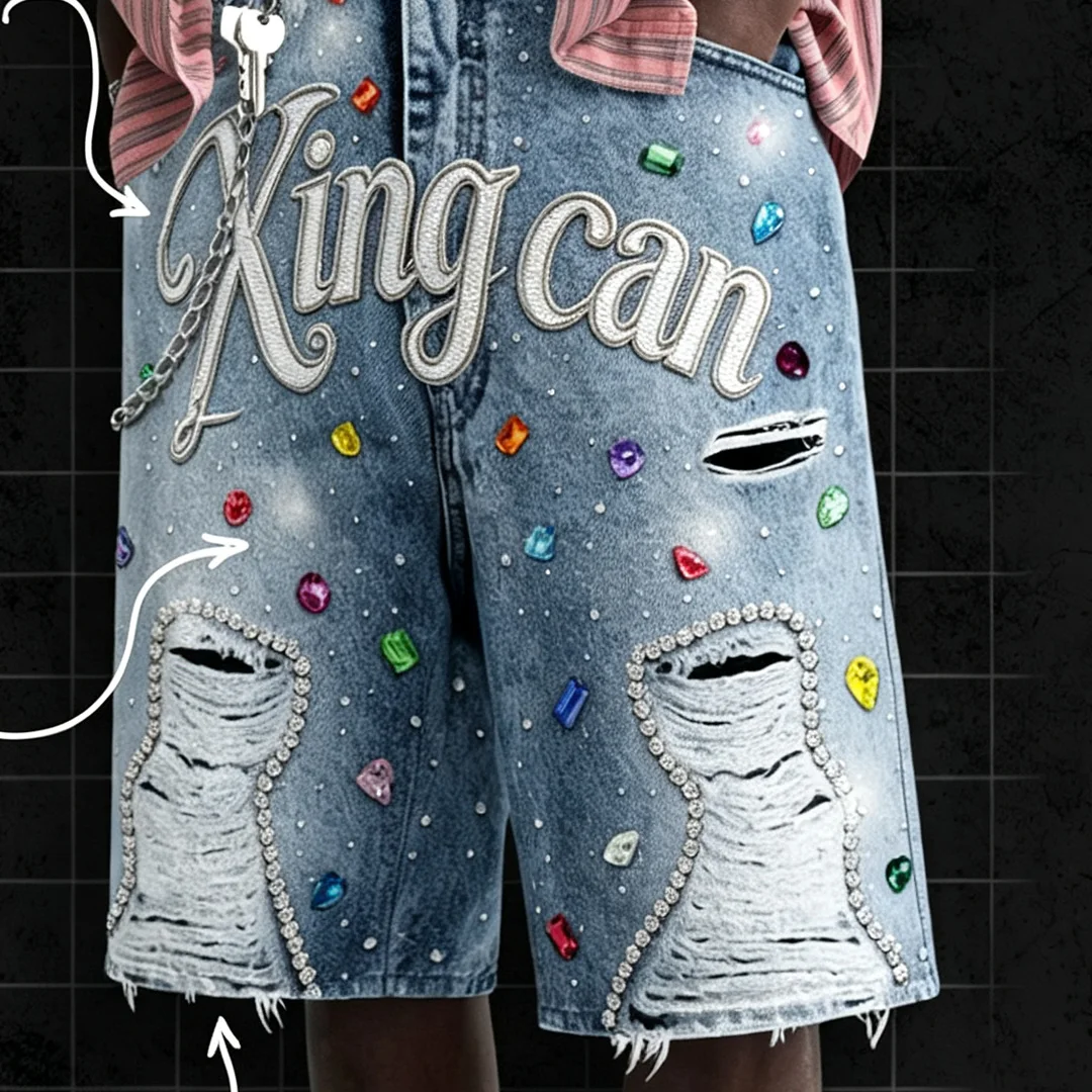 product custom streetwear men loose denim shorts acid washed ripped design decorated chenilleembroidery colored rhinestones metal chains-4