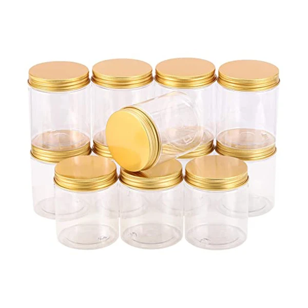 12-Pack 300ml Empty Large Refillable Clear Plastic Jars with Lids for  Beauty Products, Round Containers for Slime, Cream, Multi Use, Gold