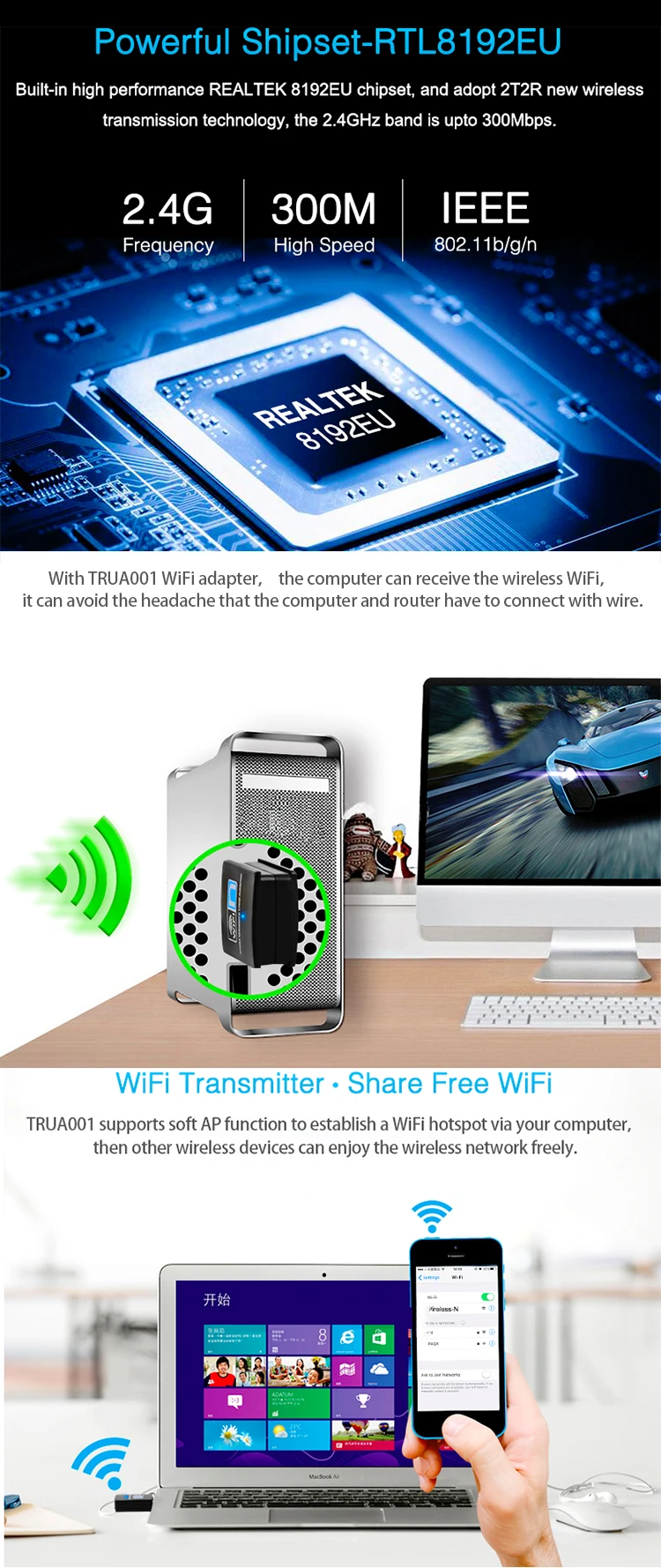 Usb Wifi Adapter N 802.11 B/g/n Wifi Dongle High Gain 300mbps Wireless