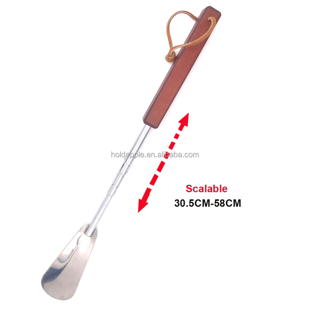 Metal Shoe Horn Long Handle Telescopic Stainless Steel Wood Leather