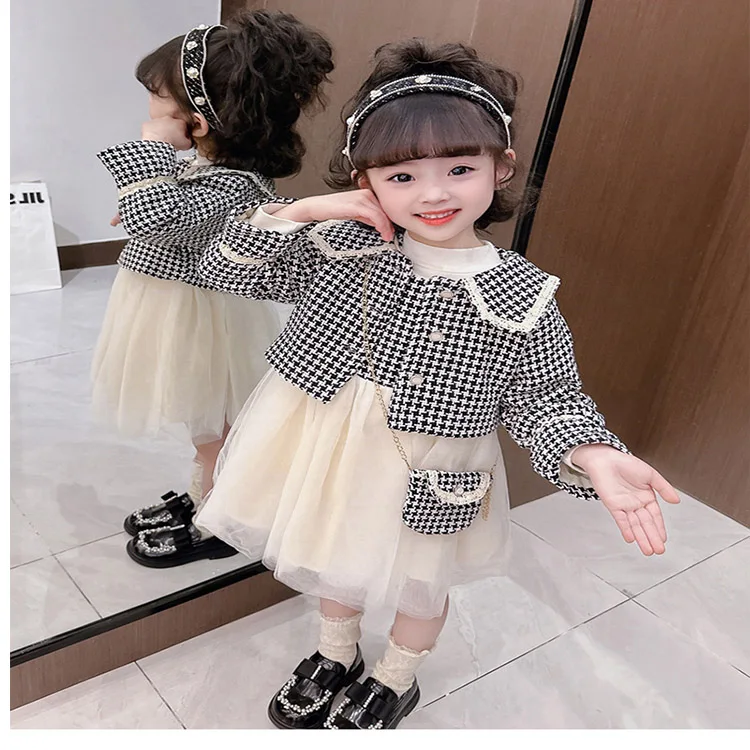 Spring Autumn Kids Cotton Dress Girls Kids Baby Girls Plaid Vest Tulle  Dress Retro Coat with Vintage Bag