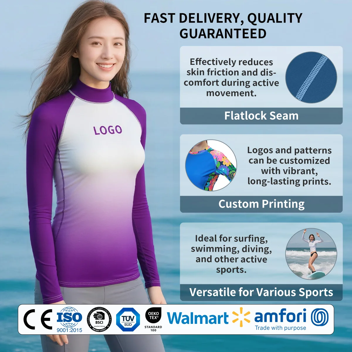 서브리메이션 프린트 여성용 래시가드, UPF 50+ 롱슬리브 래시가드, 맞춤 로고 가능, 자외선 차단 서프 수영복 탑