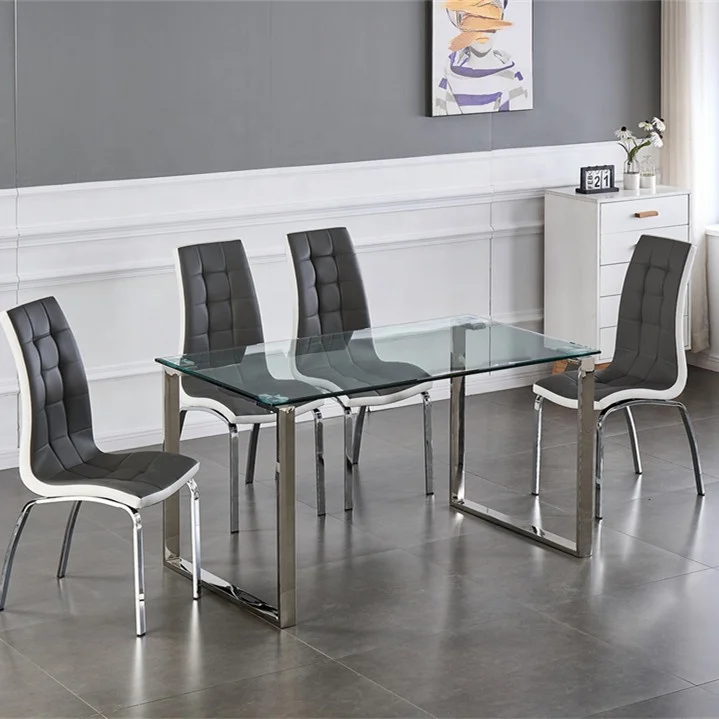 New Design Modern Dining Room Furniture Silver Stainless Steel 12mm Thick Tempered Glass 4 Seater Modern Dining Table Set