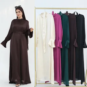 Elegant Modest Satin Dress with Lace-Up Feature Simple Solid Abaya for Eid Sexy Style and Natural Waistline