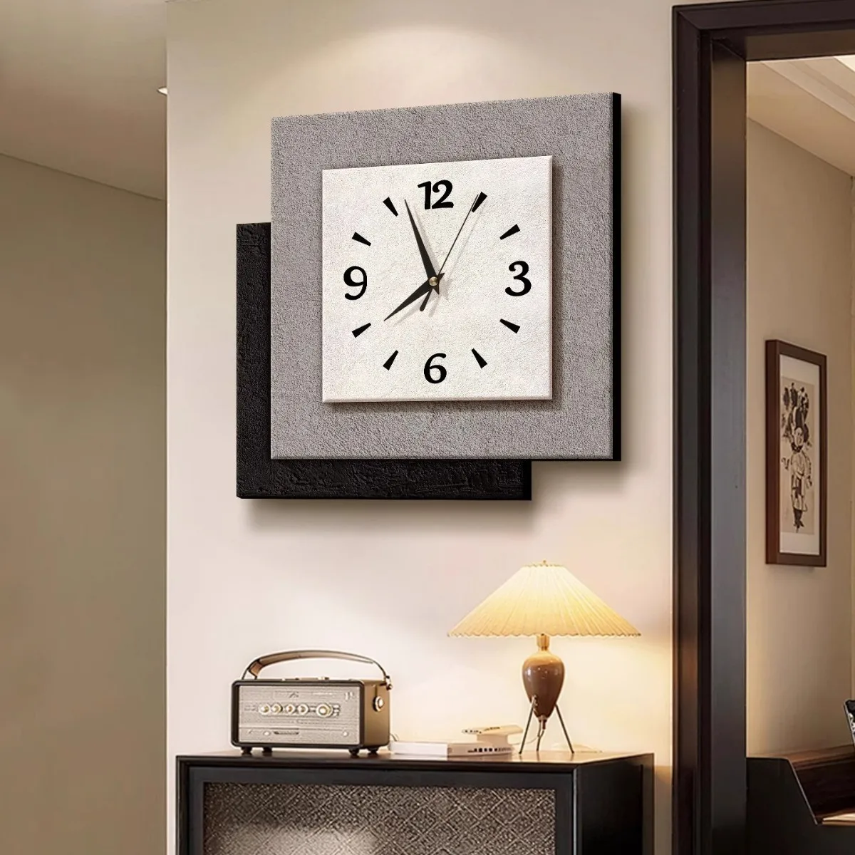 Green Textured Wall Clock Square Layered Design Silent Non Ticking Minimalist Wabi Sabi Modern Neutral Home Decor Living Room